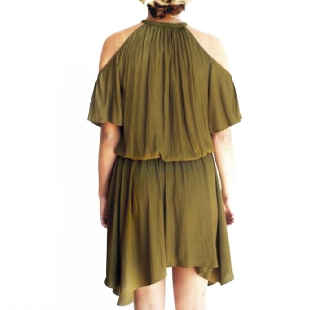 Ramy Brook Olive Cold Shoulder Handkerchief Hem Mini Dress - Picture 6 of 10